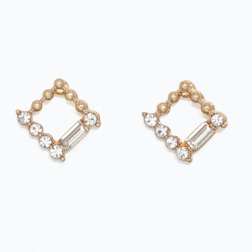 These Periwinkle Gold Square with Crystal Earrings features a sleek square-inspired design accented with shimmering crystal details.