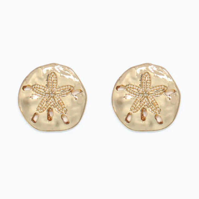 Cuties hammered gold sand dollar earrings with textured coastal-inspired detailing