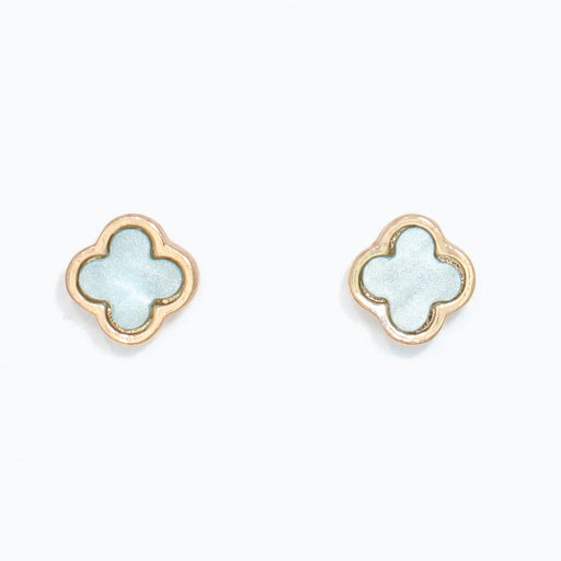 These Periwinkle Aqua Clover Inlay with Gold Earrings features a graceful clover-inspired design with a beautiful aqua inlay framed by a warm gold-tone finish.