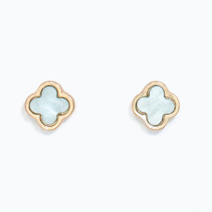 These Periwinkle Aqua Clover Inlay with Gold Earrings features a graceful clover-inspired design with a beautiful aqua inlay framed by a warm gold-tone finish.