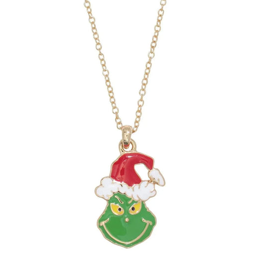 This Periwinkle Grumpy Green Christmas Necklace features a whimsical, grumpy holiday character rendered in vibrant green enamel