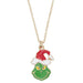 This Periwinkle Grumpy Green Christmas Necklace features a whimsical, grumpy holiday character rendered in vibrant green enamel