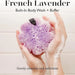 Purple bath bomb with foam, held by hands, against a neutral background with text about its uses.