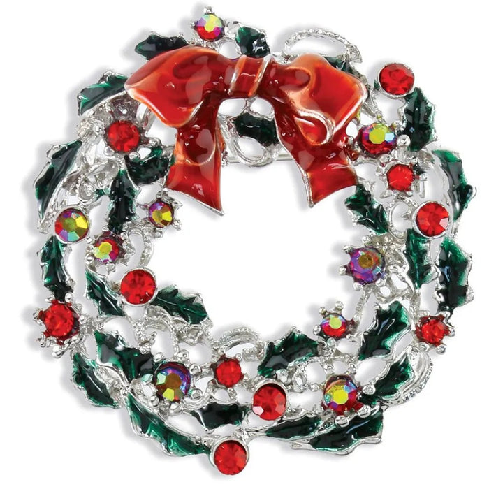 Periwinkle bright shimmering holiday wreath Christmas pin with festive details