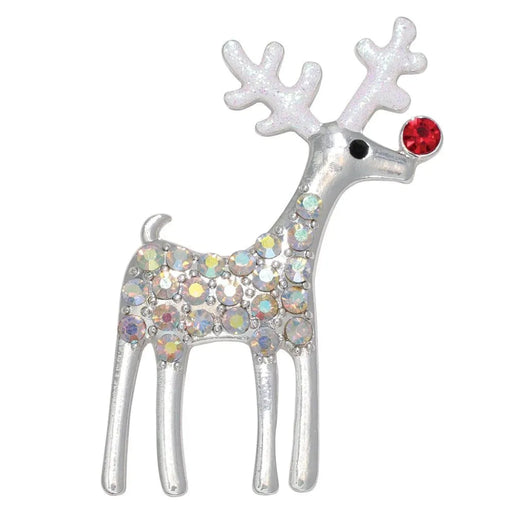 Crystal studded silver Rudolph pin featuring a festive reindeer design embellished with sparkling crystals