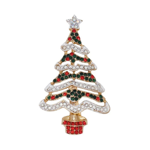 Holiday tree pin featuring a festive Christmas tree design with sparkling crystals that create a snowy effect.