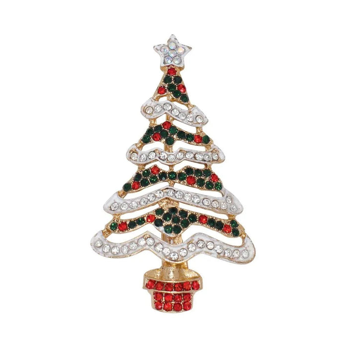 Holiday tree pin featuring a festive Christmas tree design with sparkling crystals that create a snowy effect.