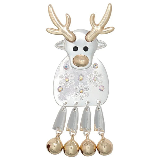 Moveable polished two-tone reindeer pin featuring a dimensional reindeer design with playful movable details.