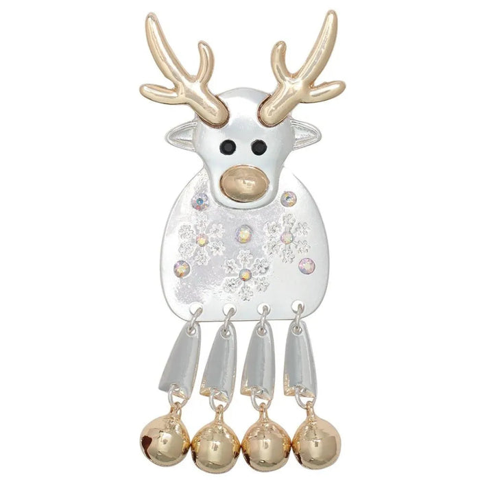 Moveable polished two-tone reindeer pin featuring a dimensional reindeer design with playful movable details.