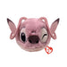 A pink stuffed animal featuring a large nose, sitting upright with a cheerful expression.
