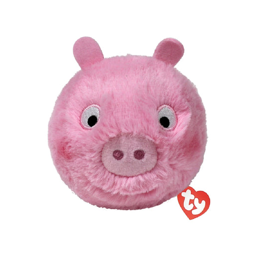 Plush toy of Piggy the pig with a tag attached, showcasing its soft texture and playful design.