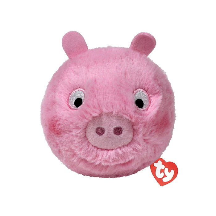 Plush toy of Piggy the pig with a tag attached, showcasing its soft texture and playful design.