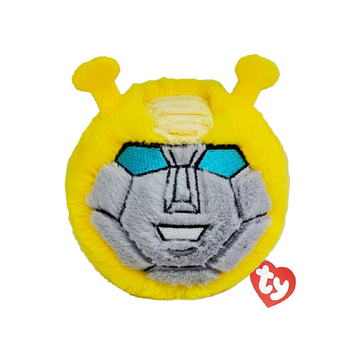 A yellow and gray plush toy featuring a blue head, designed for children and showcasing a friendly appearance.