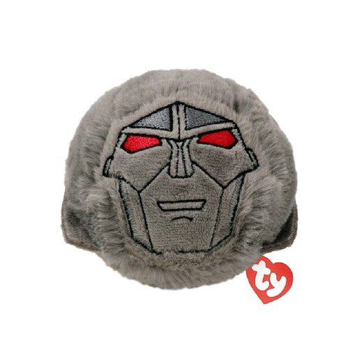 A soft plush toy featuring a friendly robot face with large eyes and a smiling mouth.