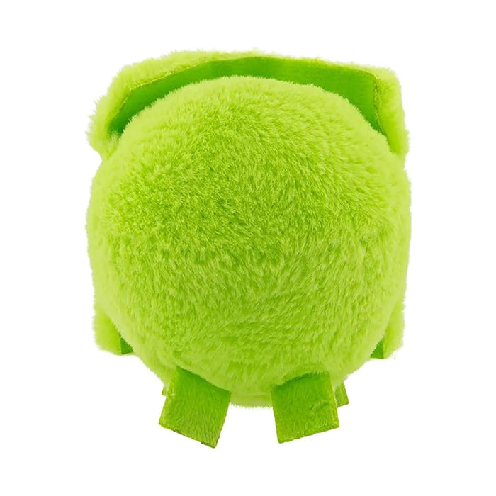 A Minecraft creeper plush toy, characterized by its green color and distinct pixelated facial features, displayed on a neutral surface.