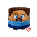 A stuffed animal wearing a blue and brown shirt, sitting upright with a friendly expression.