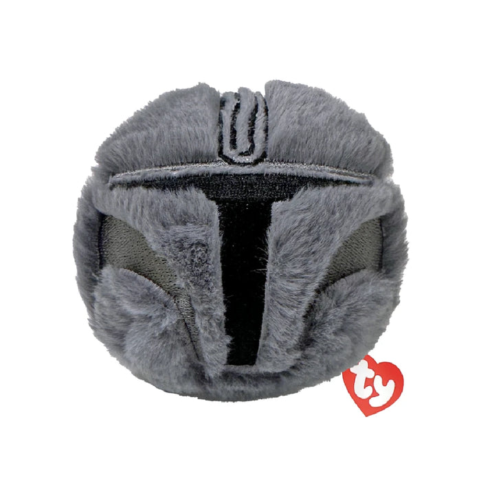 A grey ball featuring a prominent black heart design on its surface.