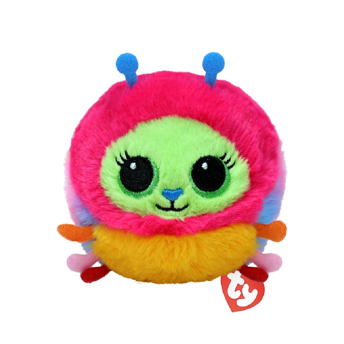 A cheerful stuffed toy showcasing a colorful face and wide eyes, inviting interaction and affection.