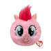 Pink pony plush toy with blue eyes and soft pink hair, sitting upright against a neutral background.