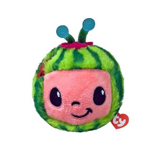 A stuffed toy featuring a whimsical watermelon face, showcasing bright colors and a playful expression.
