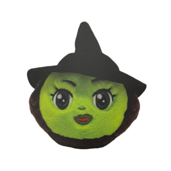 A green witch hat stuffed animal featuring a black hat, designed for Halloween-themed decor or play.