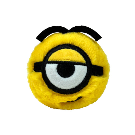 A yellow minion plush toy with large eyes, featuring a cheerful expression and soft, cuddly texture.