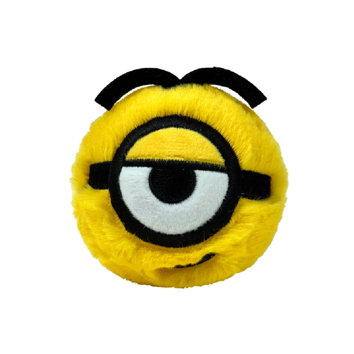 A yellow minion plush toy with large eyes, featuring a cheerful expression and soft, cuddly texture.