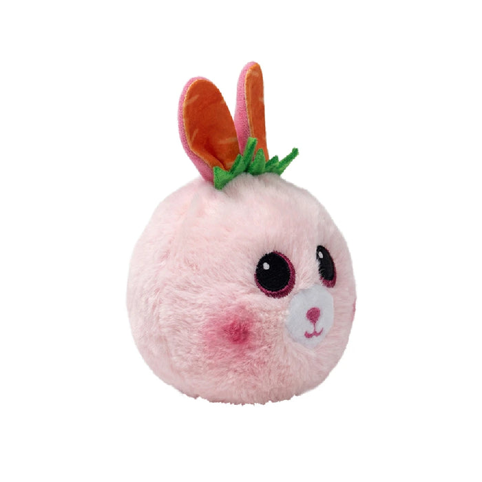 Adorable pink bunny plush toy with expressive eyes and long ears, positioned on a cozy surface.