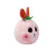 Adorable pink bunny plush toy with expressive eyes and long ears, positioned on a cozy surface.