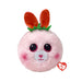 Pink bunny plush toy featuring large eyes and floppy ears, sitting upright against a soft background.