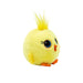A plush yellow toy featuring oversized blue eyes, positioned on a neutral surface.
