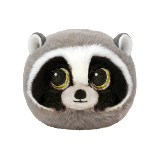 A stuffed raccoon with large eyes, set against a solid black background.