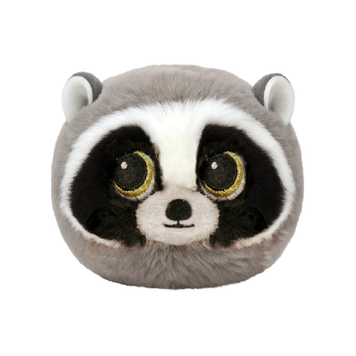A stuffed raccoon with large eyes, set against a solid black background.