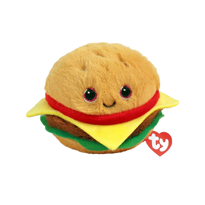 A cute Ty Beanie Baby hamburger plush toy with a smiling expression, showcasing vibrant colors and soft textures.