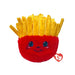 Plush toy of French fries with eyes, featuring a red and yellow face, designed to look cute and playful.