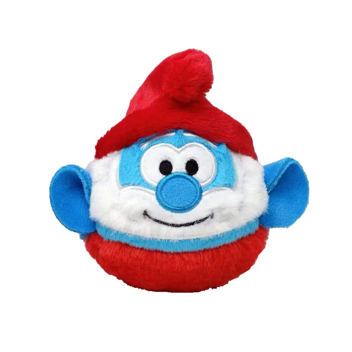 Plush Smurf toy featuring a blue hat and a red nose, showcasing its playful and whimsical design.