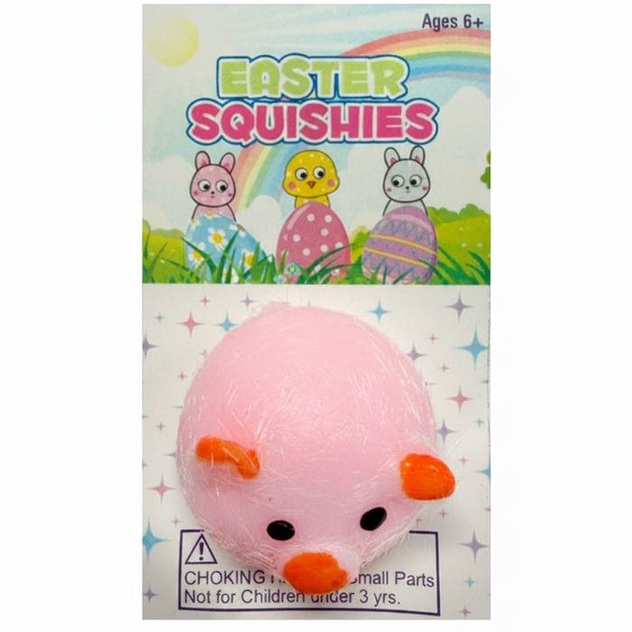 Pink Easter squishy toy with a packaging background featuring Easter-themed illustrations.