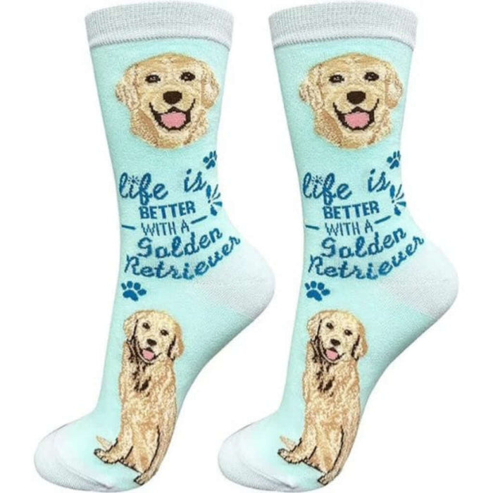 Two socks with a Golden Retriever design and text on a light blue fabric on a white background.