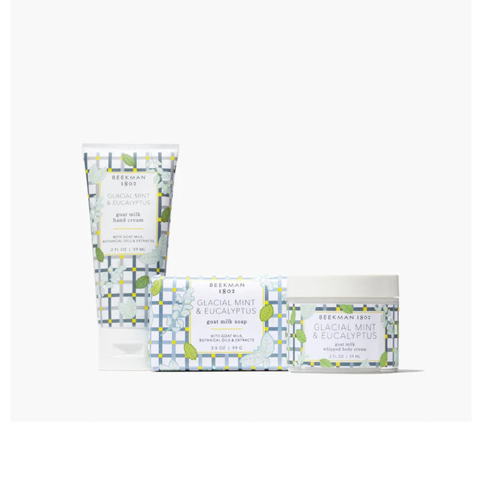 Body care set featuring a body scrub, body lotion, and body wash arranged neatly on a soft background.
