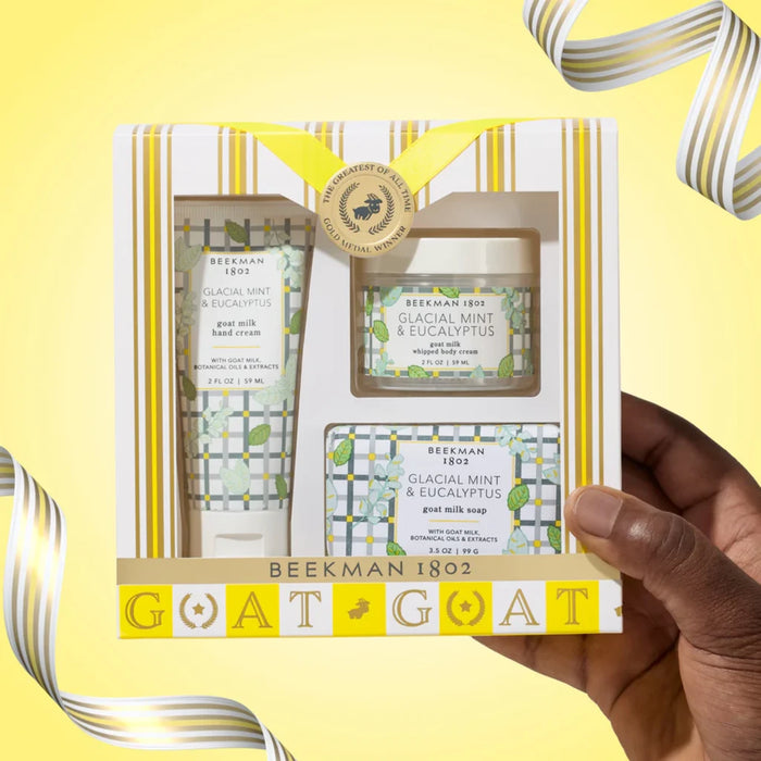 A body care set displayed, including a body scrub, body lotion, and body wash in elegant packaging.