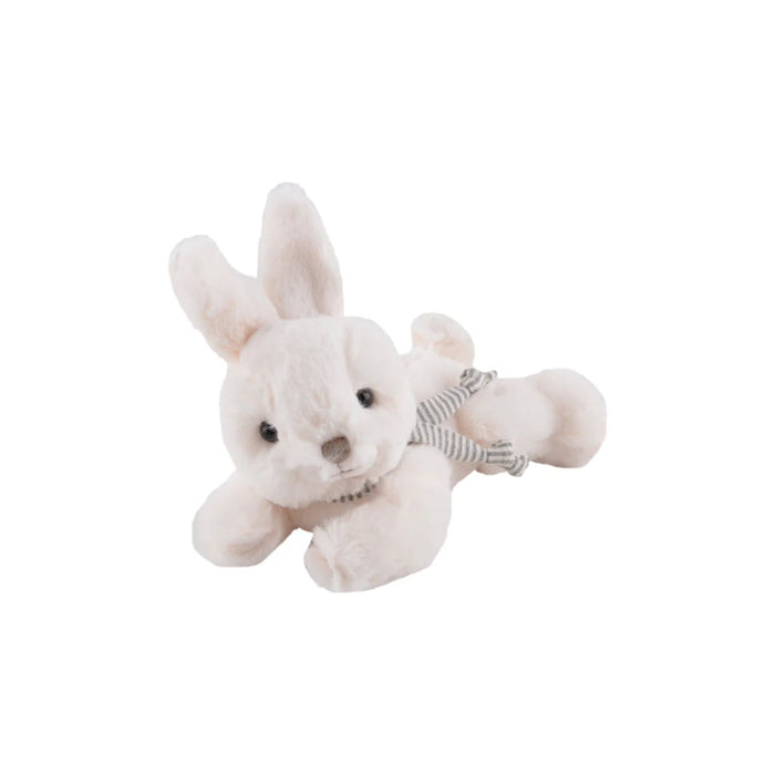 A charming short-haired bunny with a cozy striped scarf, perfectly sized for hands and ready to accompany you on every adventure.
