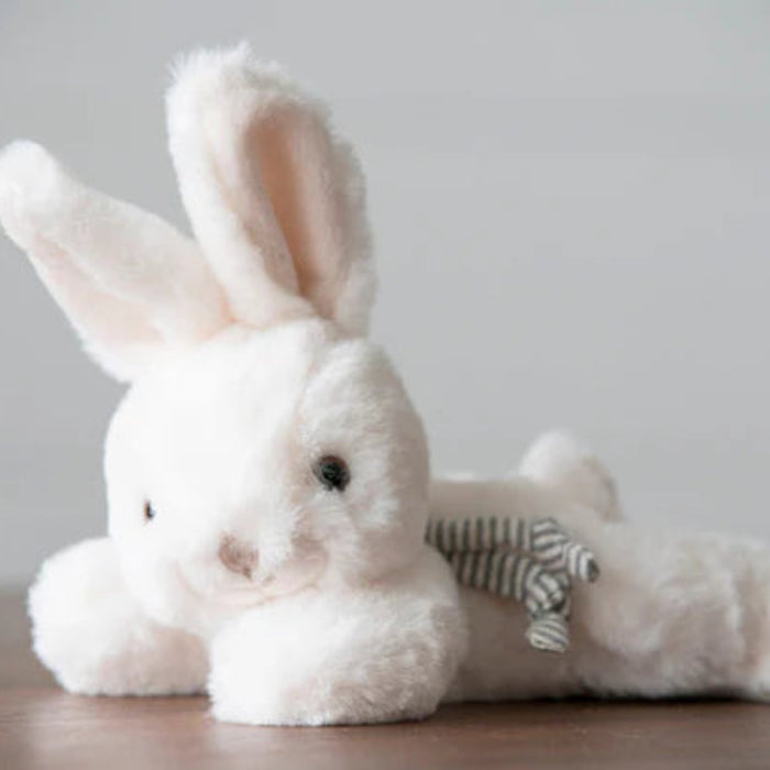 A charming short-haired bunny with a cozy striped scarf, perfectly sized for hands and ready to accompany you on every adventure.
