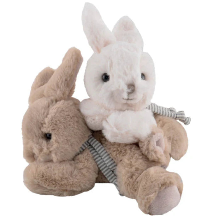A charming short-haired bunny with a cozy striped scarf, perfectly sized for hands and ready to accompany you on every adventure.