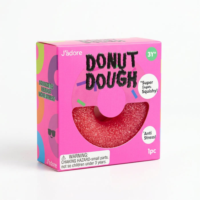 Hape J'adore Donut Dough Squish in bright pink packaging with a window showing the textured pink donut-shaped toy.