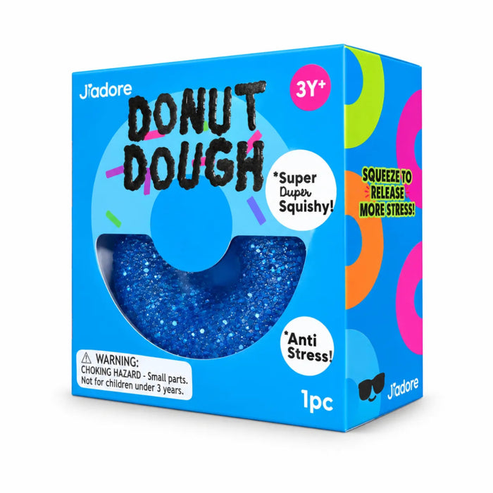 Hape J’adore Donut Dough Squish Blue, a textured donut-shaped squish toy in blue window packaging, labeled ages 3+.