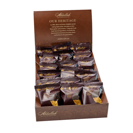 Display box of Abdallah chocolate with branding and text on a white background