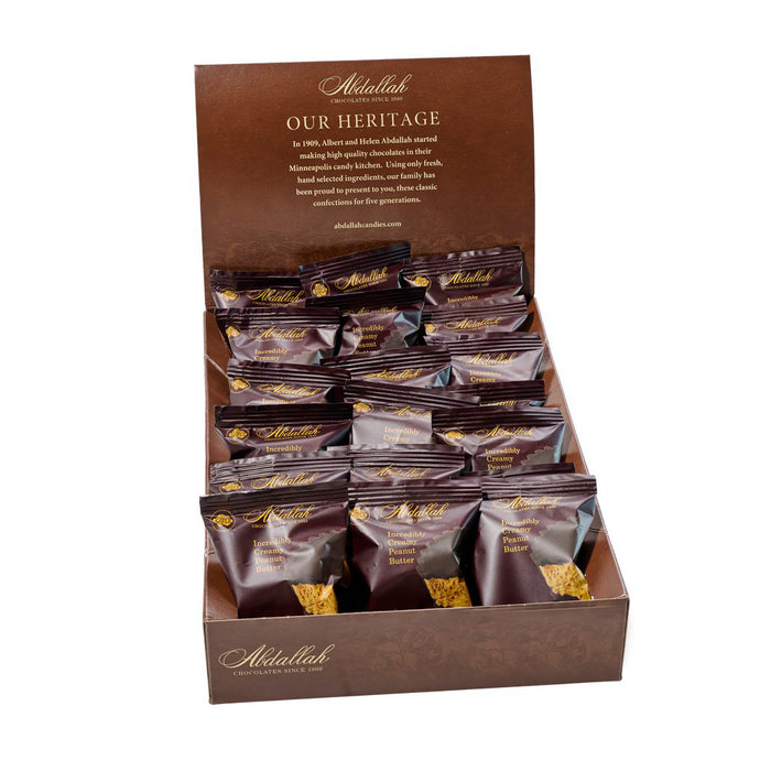 Display box of Abdallah chocolate with branding and text on a white background