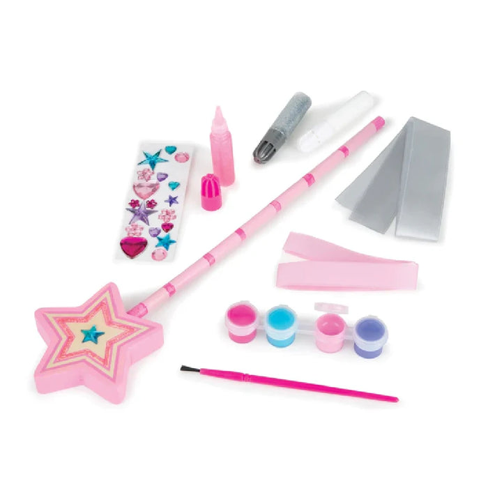 Craft kit for a princess wand, featuring various colorful components for kids to create their unique magical accessory.
