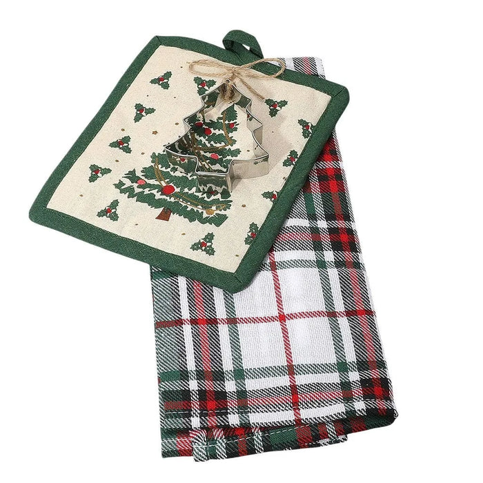 Green Tree 3 pack Kitchen Holiday Gift Set , Cookie Cutter, Kitchen towel and Potholder 