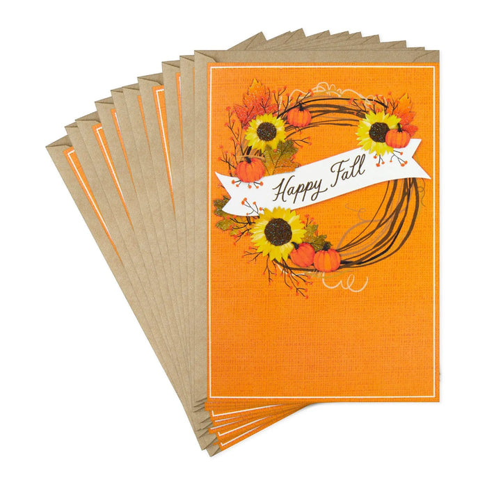 Hallmark seasonal cards with glitter accents and autumn wreath